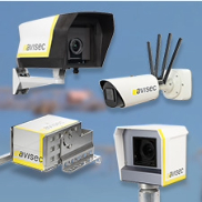 Various avisec cameras and housings, including models with antennas and weather protection, displayed against a blue background.