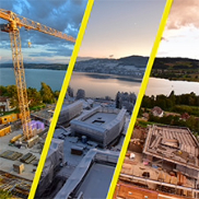 Three construction site views separated by yellow diagonal lines, showing different stages and lighting conditions over a scenic lakeside area, symbolising a timelapse-video.